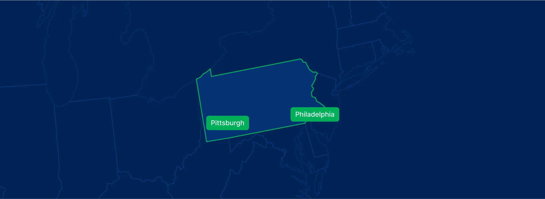 Display the Pennsylvania state on the map with highlighted cities – Philadelphia, Pittsburgh and Harrisburg.