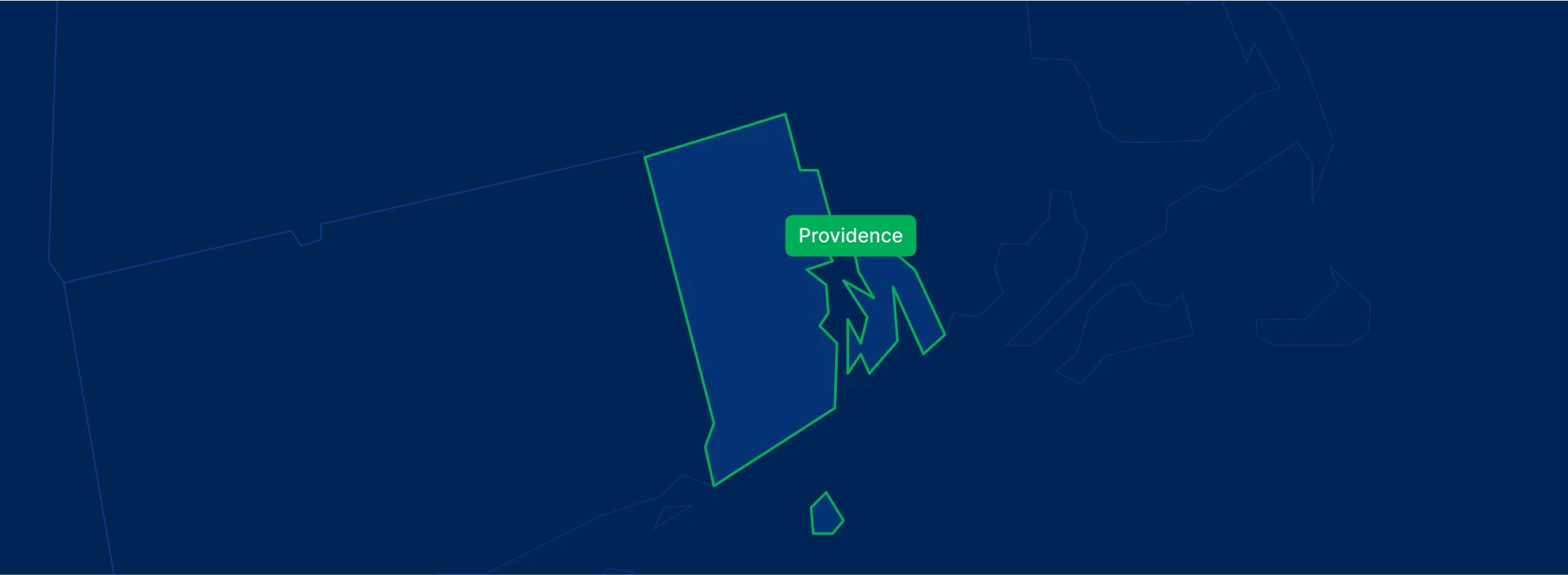 Display the Rhode Island state on the map with highlighted cities – Providence, Warwick, Cranston.
