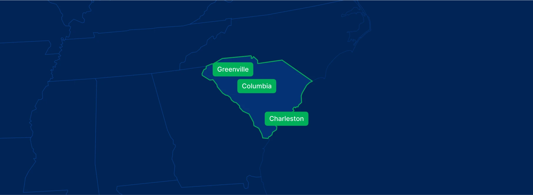 Display the South Carolina state on the map with highlighted cities – Columbia, Charleston and Greenville.