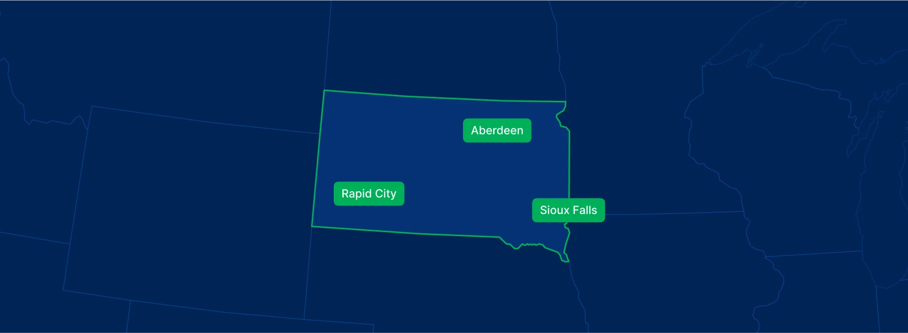 Display the South Dakota state on the map with highlighted cities – Pierre, Sioux Falls and Aberdeen.