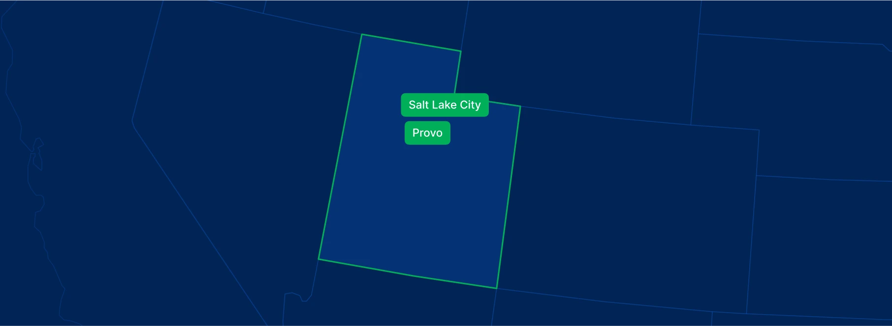 Display the Utah state on the map with highlighted cities – Salt Lake City and Provo.