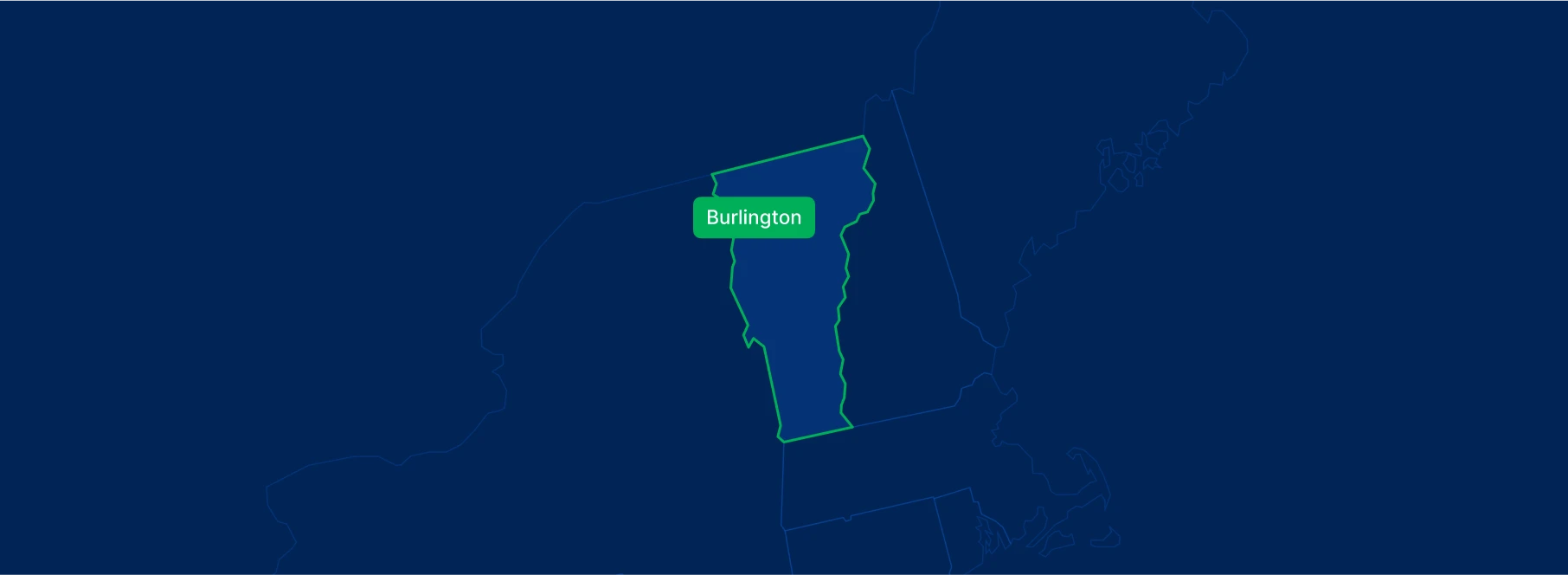 Display the Vermont state on the map with highlighted cities – Burlington, Rutland and Montpelier.