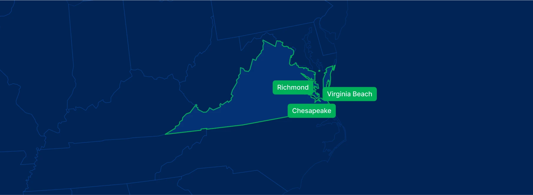 Display the Virginia state on the map with highlighted cities – Richmond, Virginia Beach and Chesapeake.