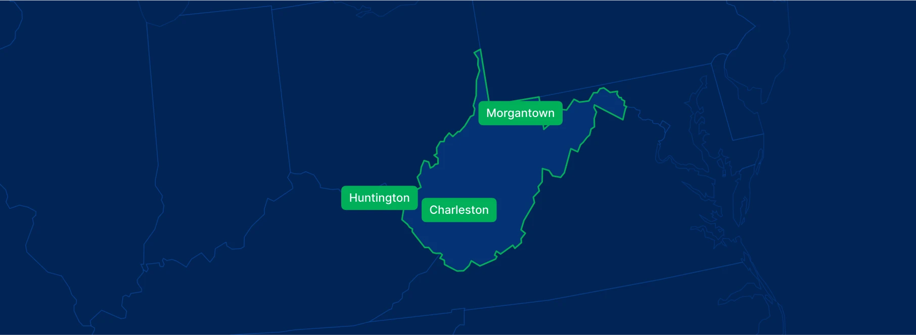 Display the West Virginia state on the map with highlighted cities – Charleston, Huntington and Morgantown.