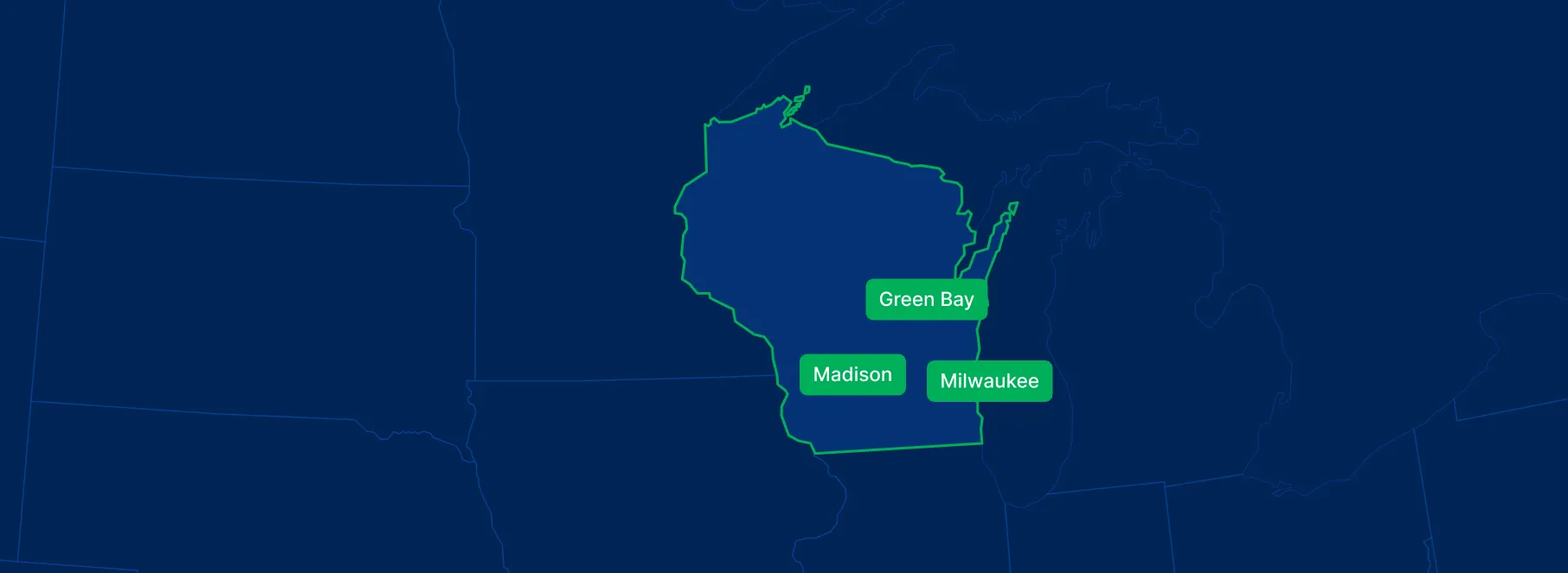 Display the Wisconsin state on the map with highlighted cities – Milwaukee, Madison and Green Bay.