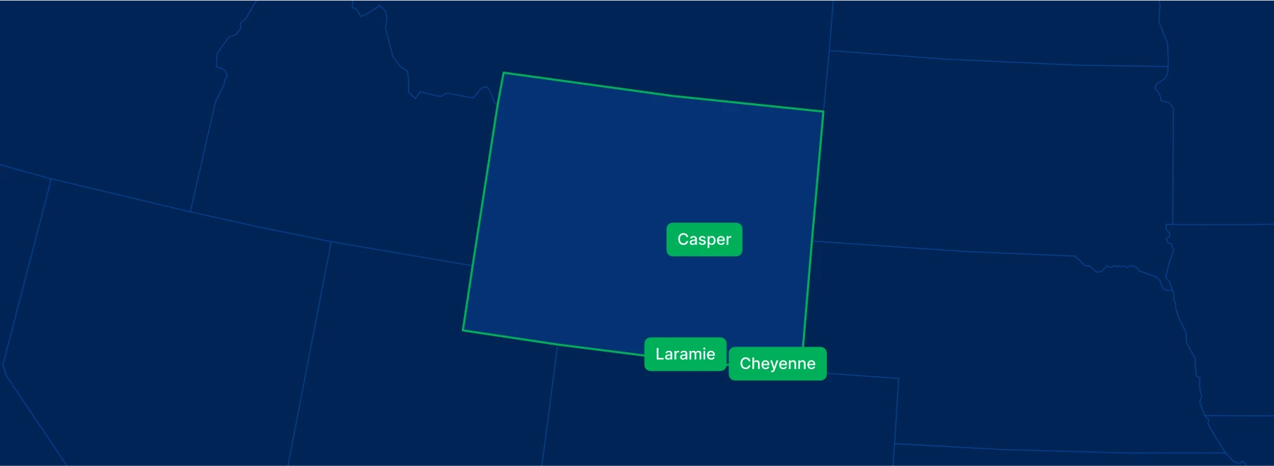 Display the Wyoming state on the map with highlighted cities – Cheyenne, Casper and Laramie.
