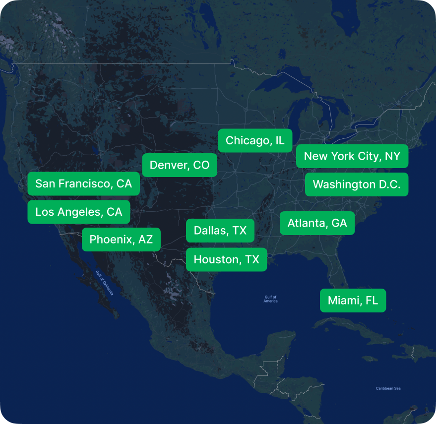 Map of the U.S. with major cities highlighted