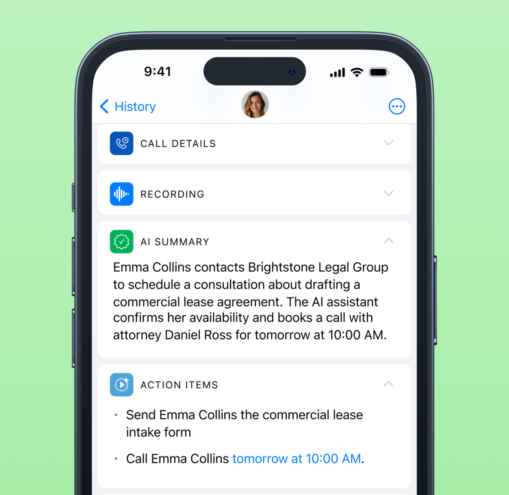 AI-captured action items from calls interface