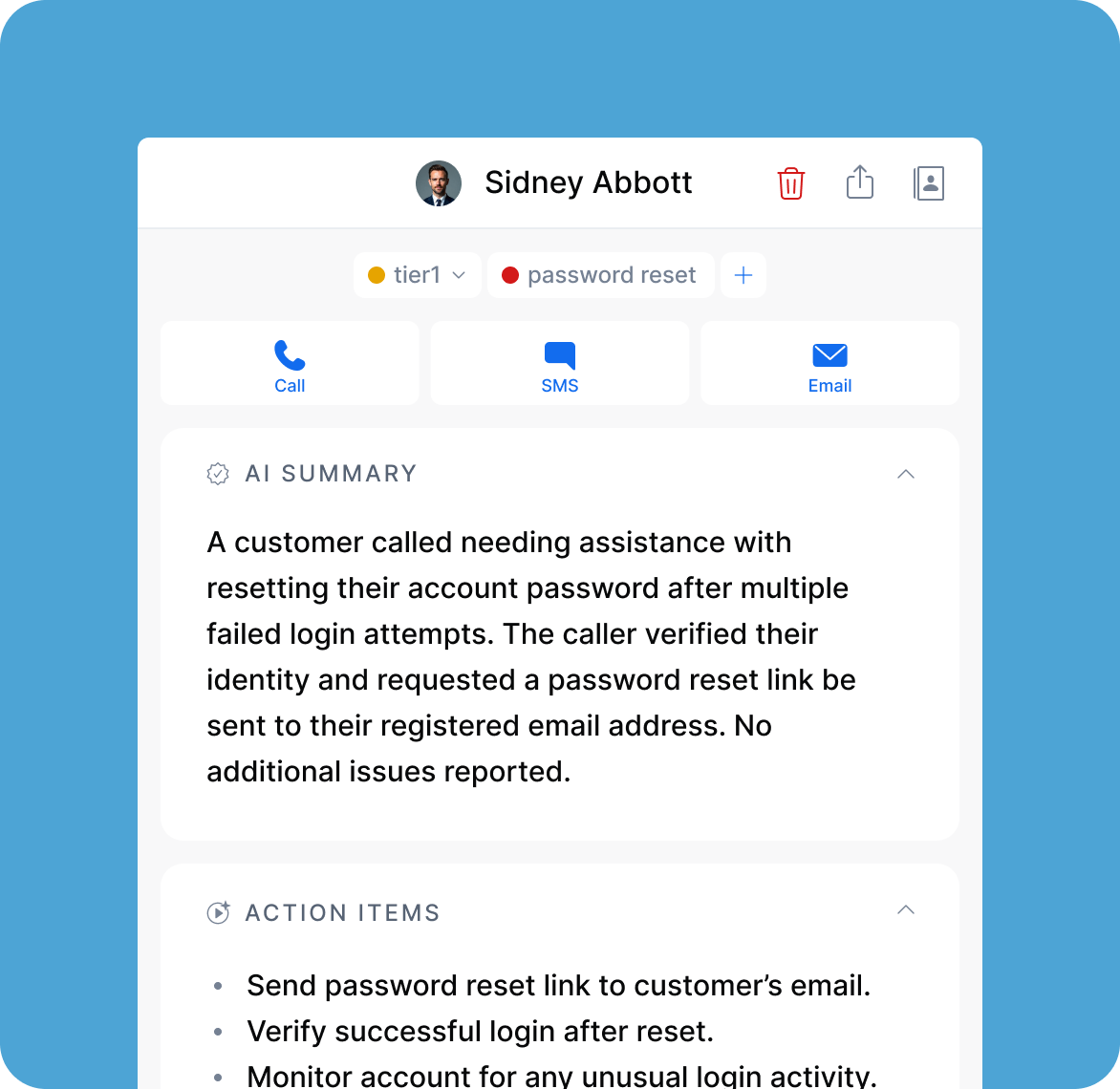 AI call summary with call tags