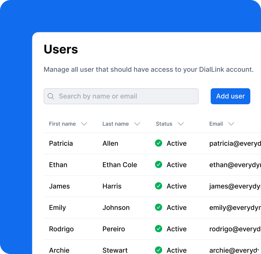 Managing users panel in DialLink platform