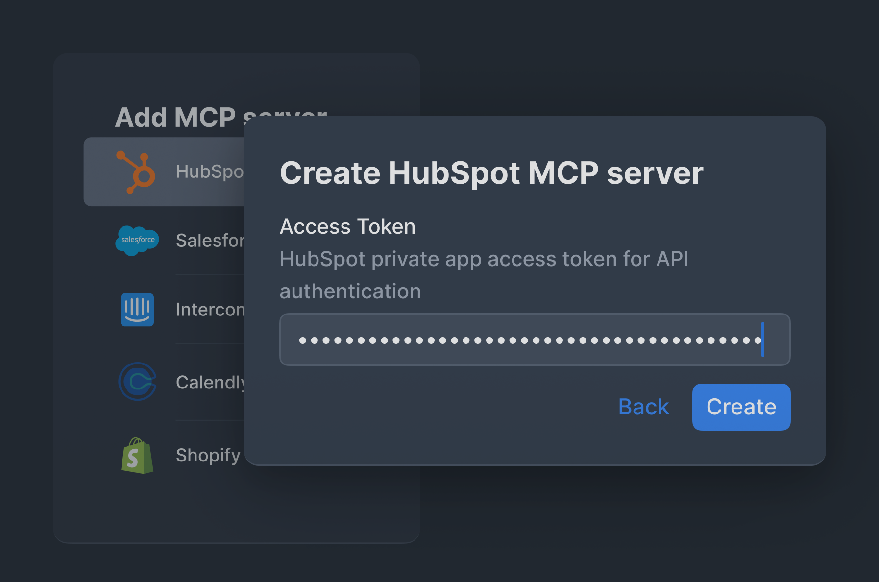 Integration picker with an access token dialog