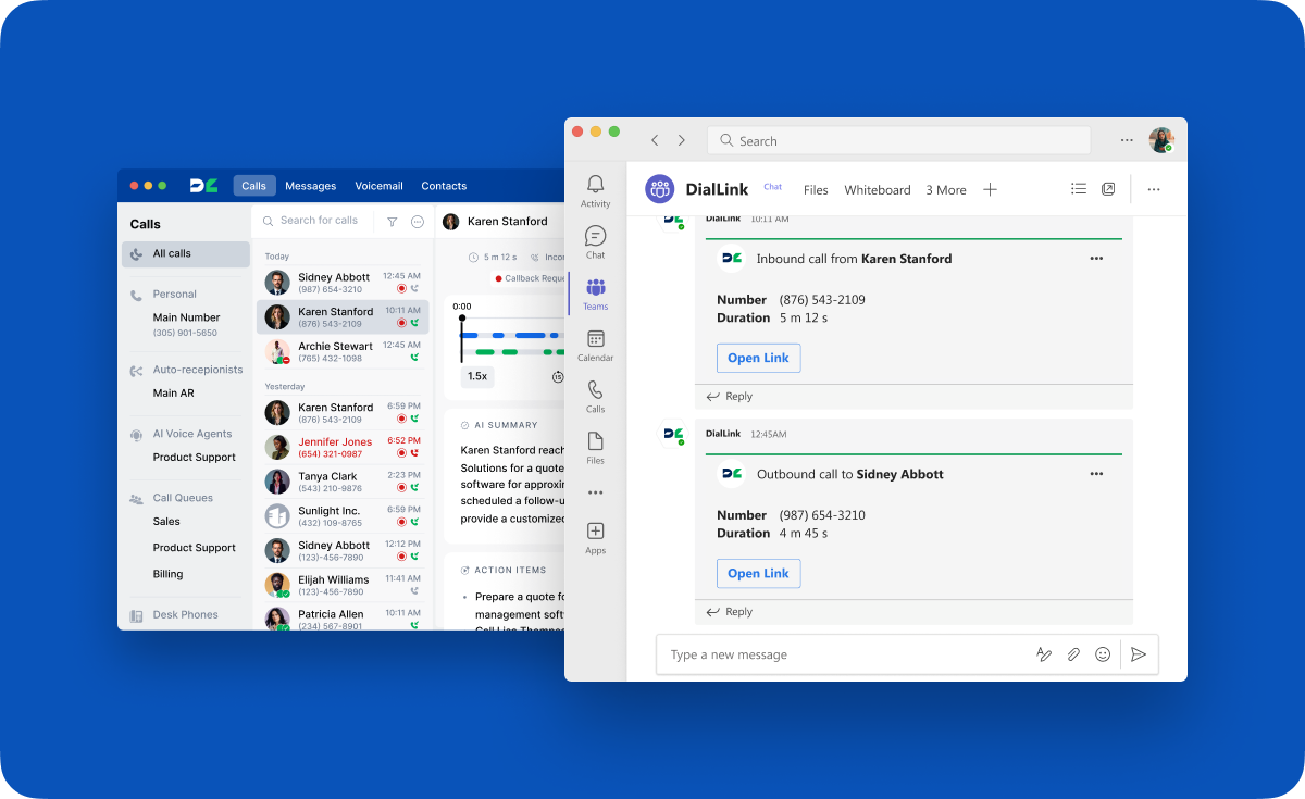 How alerts about missed calls, messages and voicemails are displayed in MS Teams chat